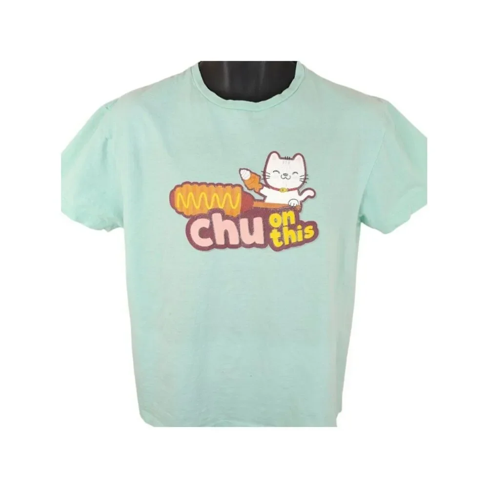Kawaii Cat T Shirt Mens Size Large Blue Chu On This Corn Dog Snack Tee